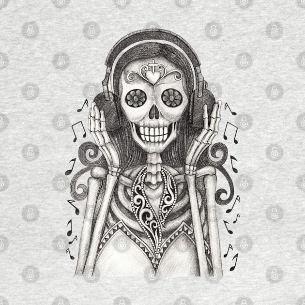 Sugar skull woman happy with headphones listen music day of the dead. by Jiewsurreal